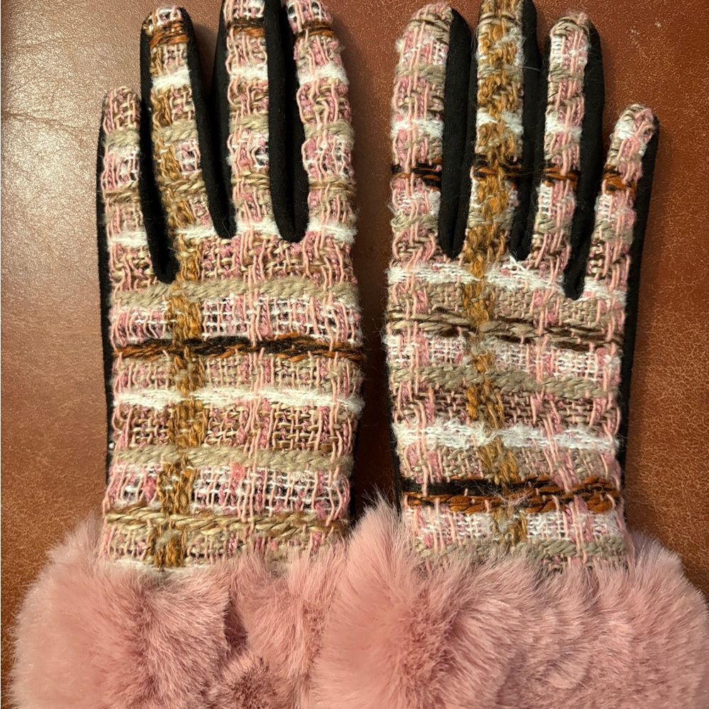 Valentina Pink and Brown Tweed Gloves with Faux Fur